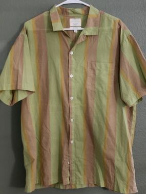 RVCA Men's Short-Sleeve Button-Down Shirt in Light Green, Tan and Yellow Stripes